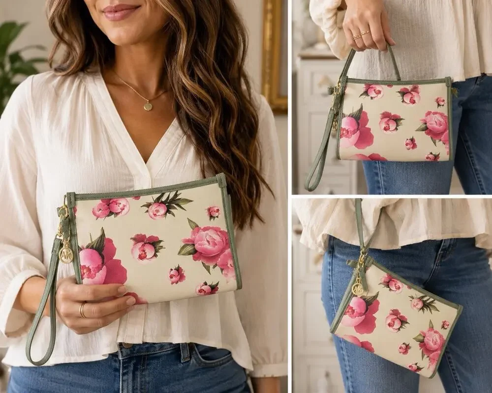 Anne Klein Floral Wristlet Clutch Pink Green Faux Leather Zip Pouch New